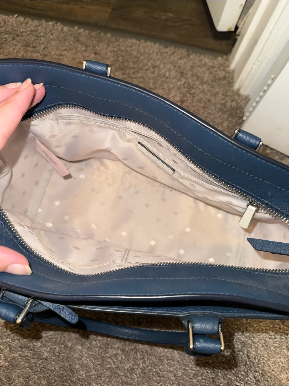 kate spade Navy Top-Zip Saffiano Tote with Heart-Print Lining